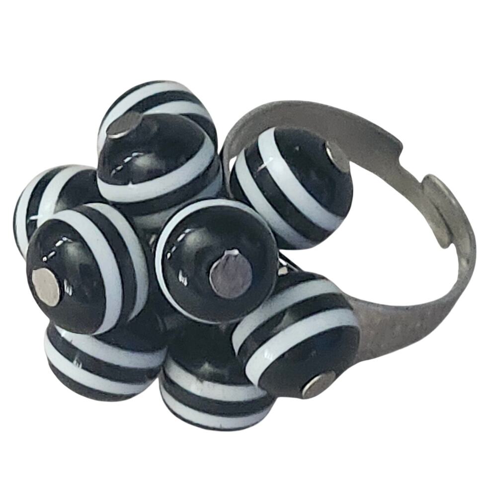 Vtg 1960s Black White Stripe Glass Cha Cha Beaded Cluster Adjustable Ring - Picture 2 of 4